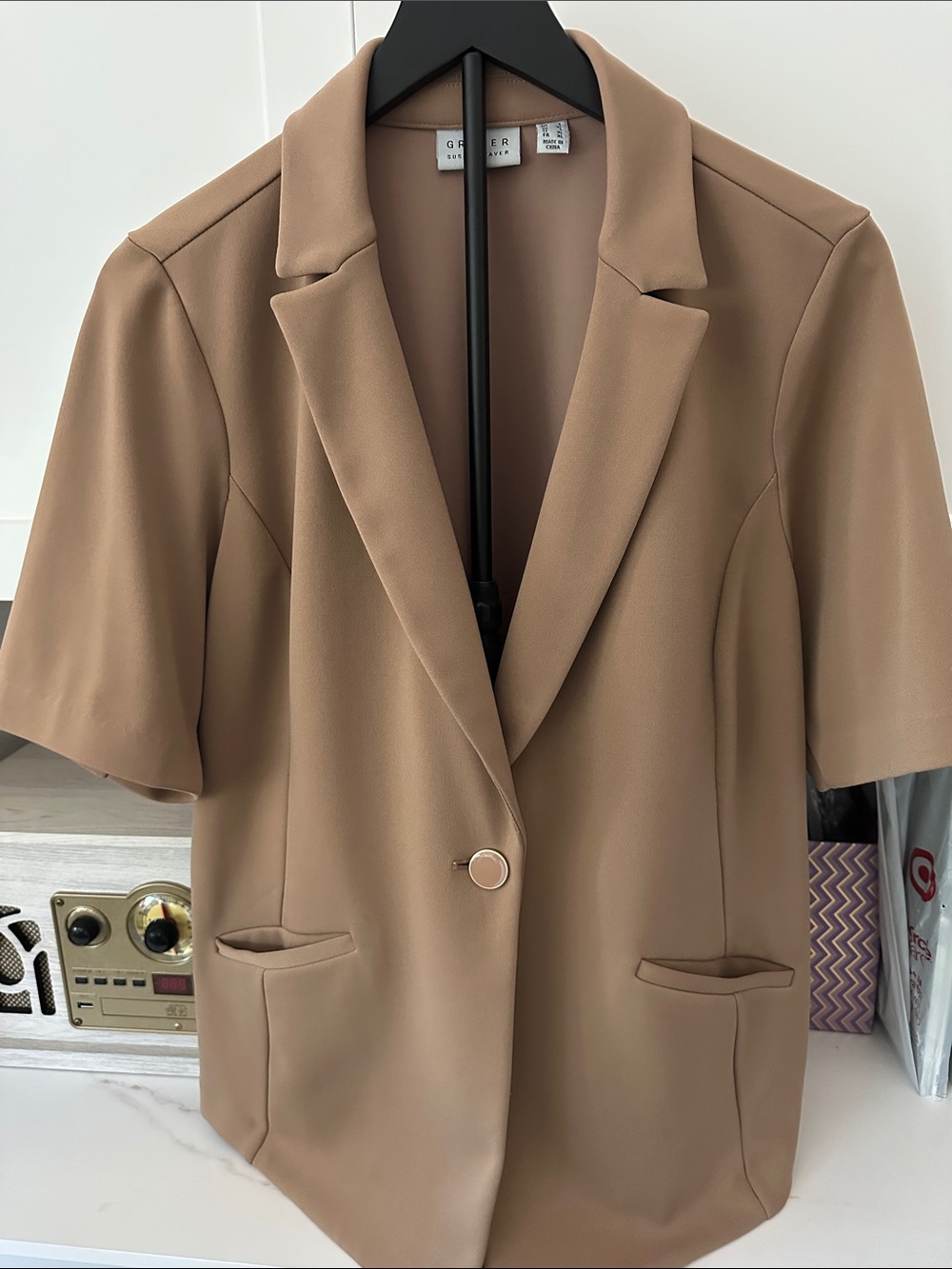 Susan Graver Short-Sleeve Camel Blazer Jacket